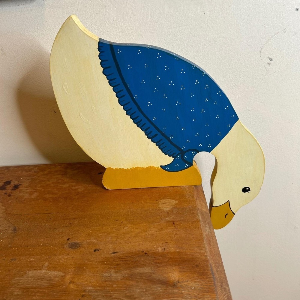 Vintage Wooden Goose Shelf Sitter Hand Painted Country Folk Art Blue Cottagecore
